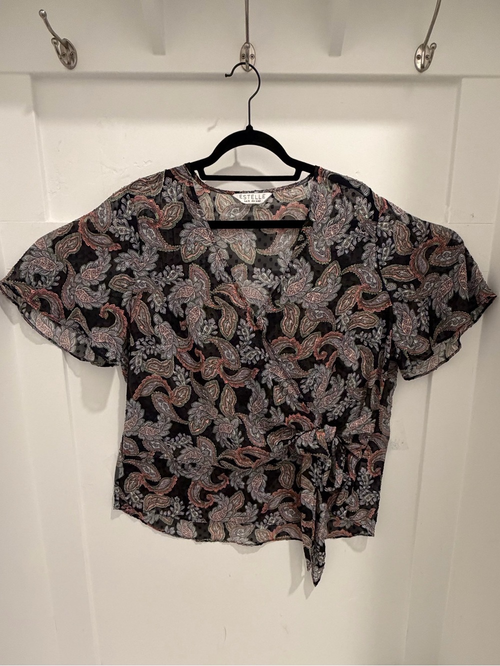 Stellah Black Paisley Tie-Front Blouse with Pink & Gray Accents
